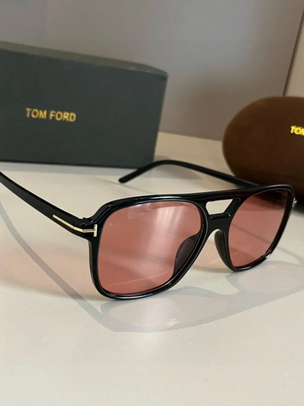 TOM FORD Red-Frame Gold T Sunglasses